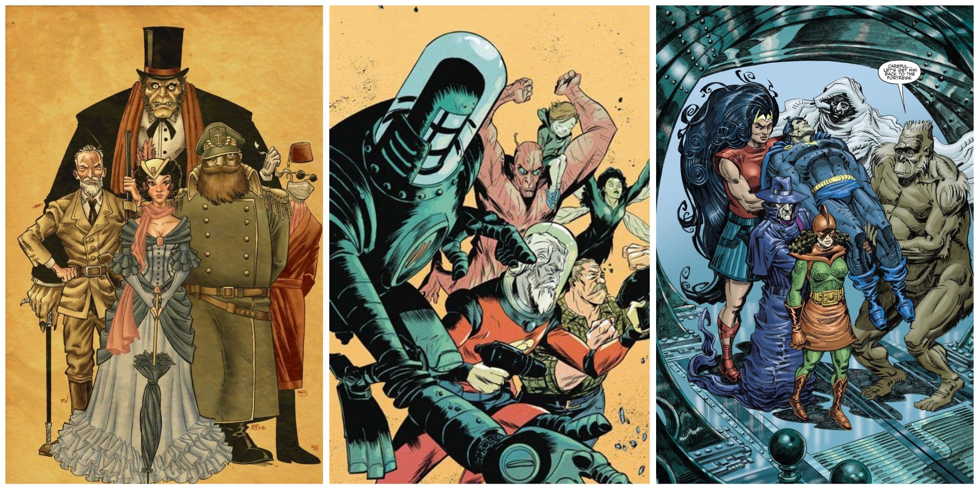 A split image of indie comic covers featuring, the League of Extraordinary Gentlemen, the Black Hammer, and the Atomic Legion