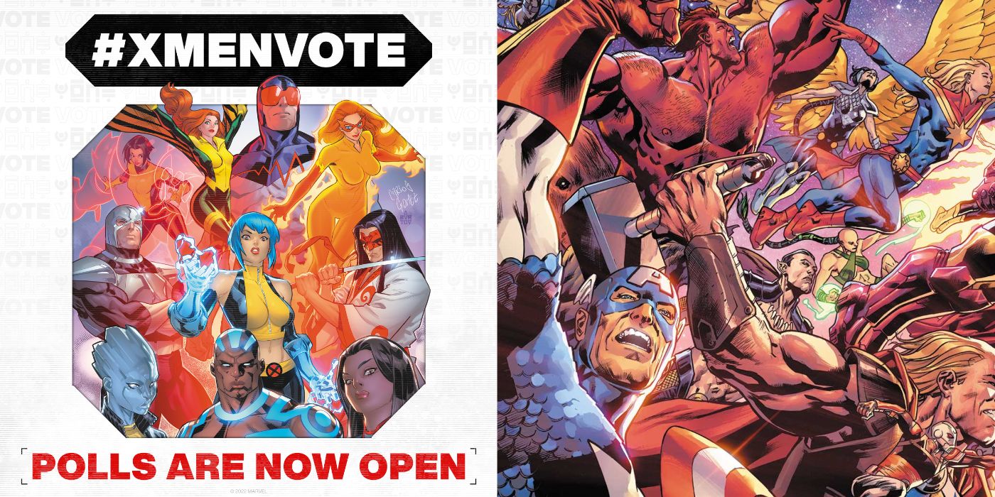 A split image of the 2022 X-Men Vote and a segment of the cover from Avengers Assemble Alpha from Marvel Comics