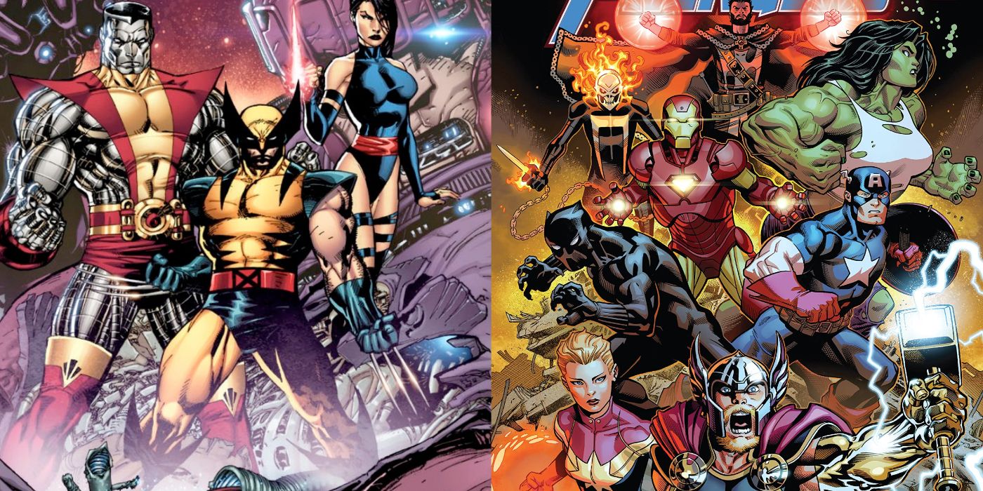 A split image of the X-Men and the Avengers from Marvel Comics