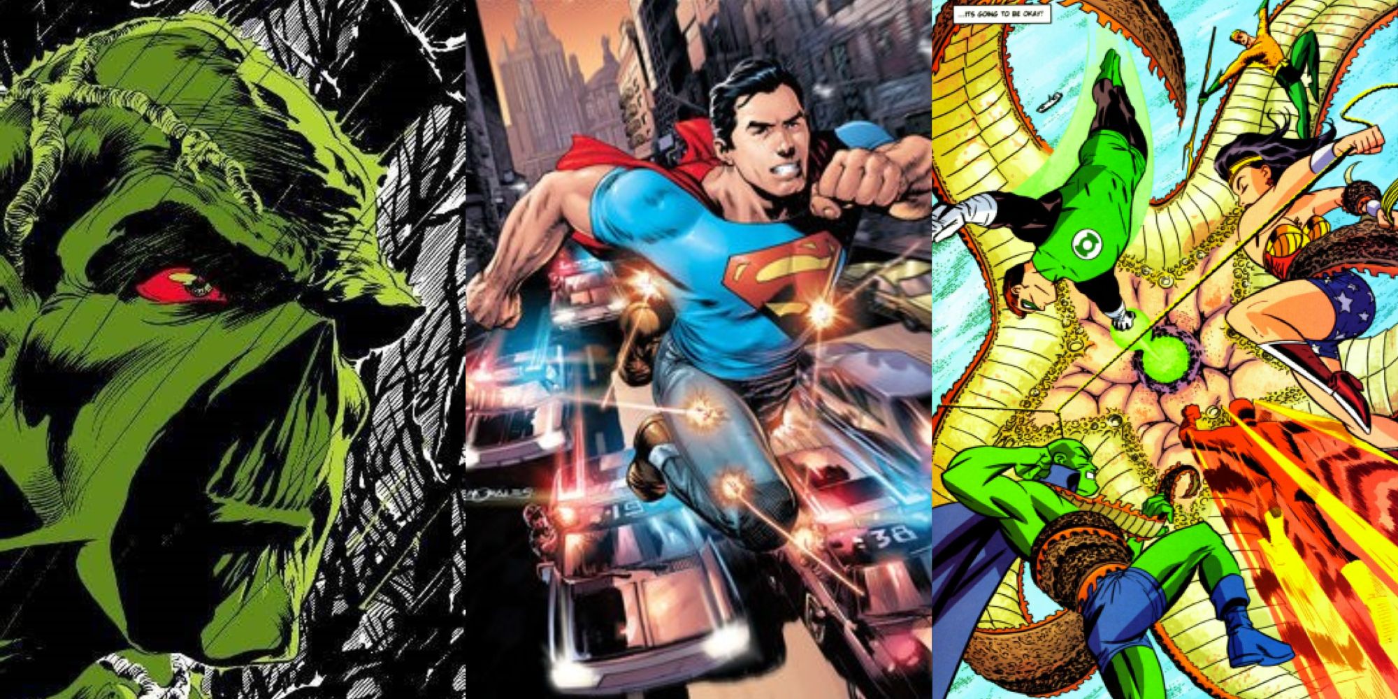 Split image Swamp Thing, Superman, Justice League