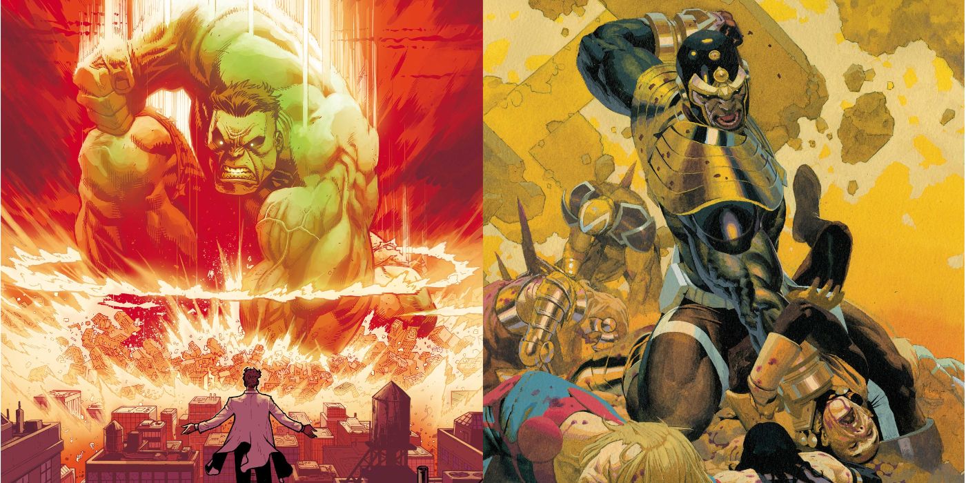 A split image of a giant Hulk and Eternal battling to the death in Marvel Comics