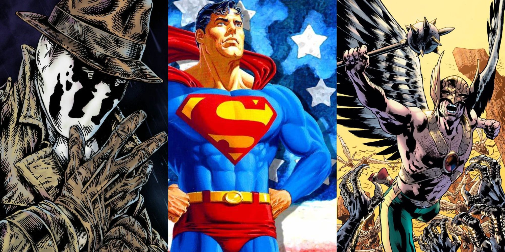 split image rorschach, superman and hawkman