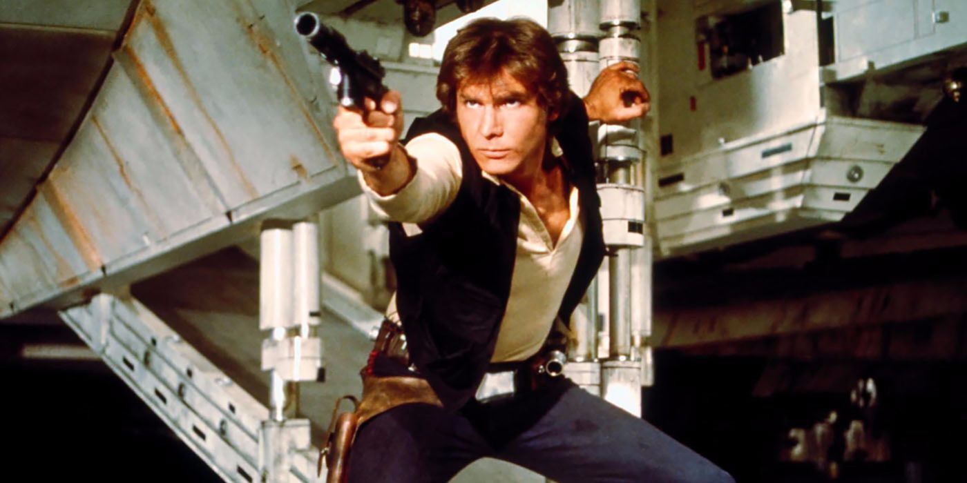 Han Solo using his blaster in Star Wars episode IV a new hope