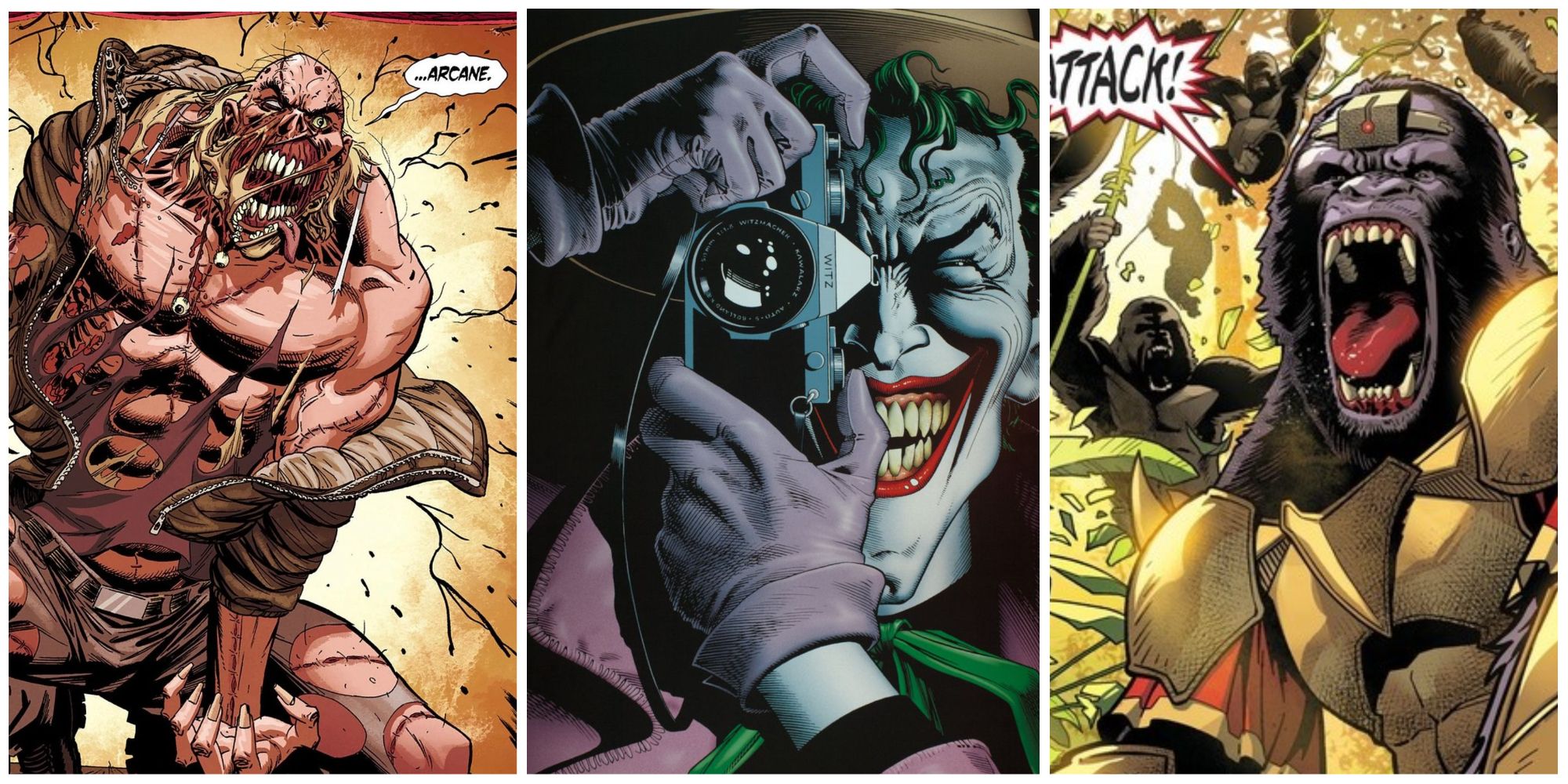Split image Anton Arcane, Joker, Gorilla Grodd in DC Comics