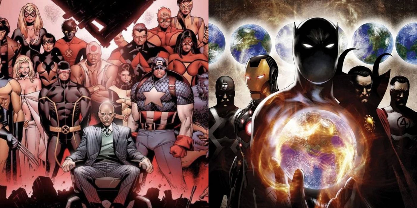 A split image of Marvel Comics' House Of M and the New Avengers during the Incursions