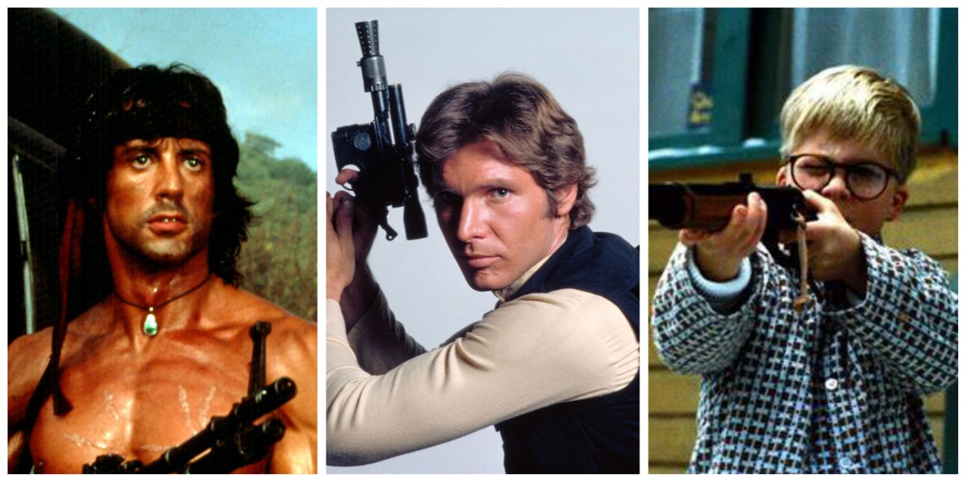 A split image of the main characters and guns in Rambo, Star Wars, and A Christmas Story