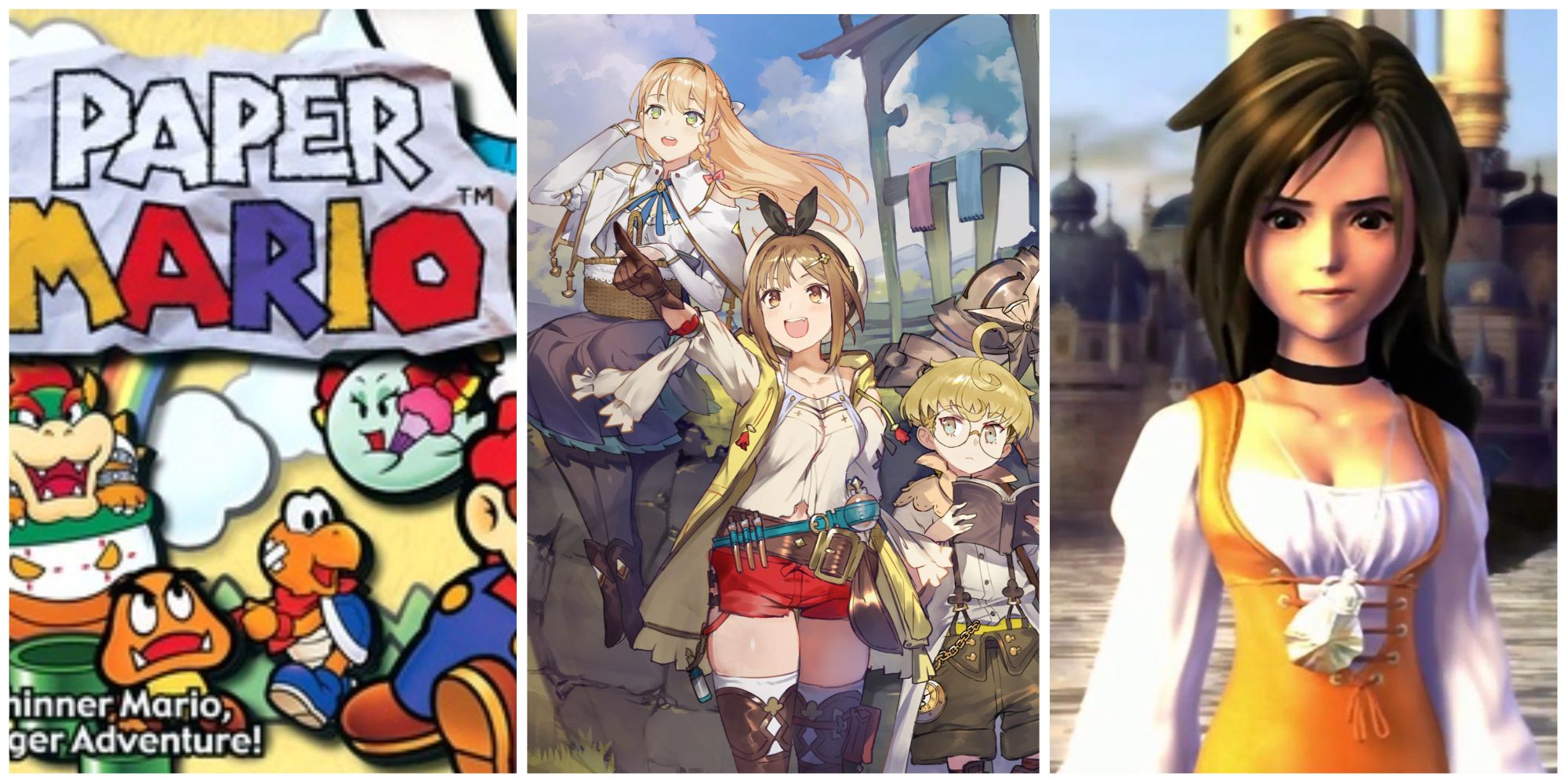 A split image featuring Paper Mario, Atelier Ryza, and Final Fantasy IX