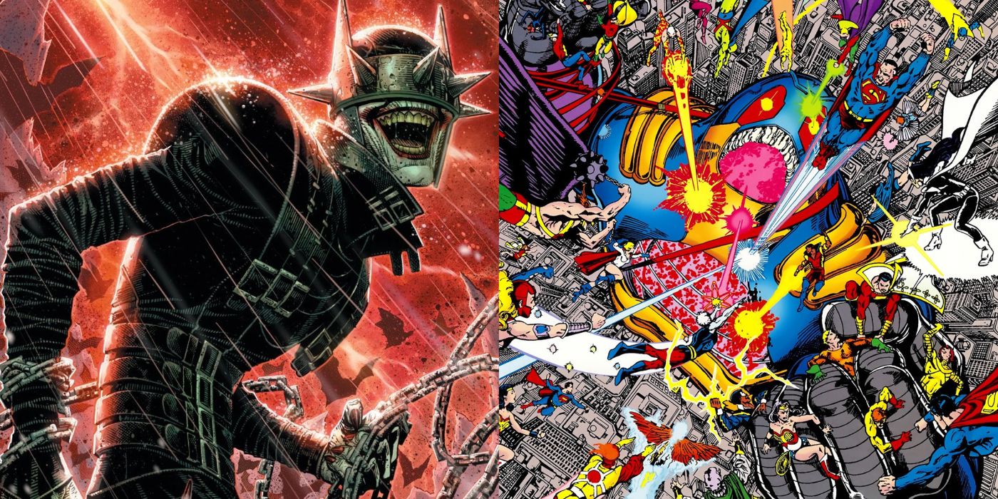 A split image of the Batman Who Laughs and the Anti-Monitor battling DC's heroes from DC Comics