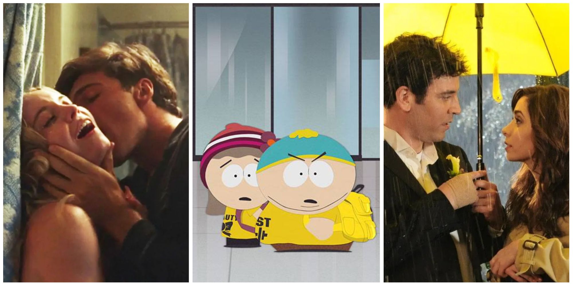 Split-image: Nate and Cassie (Euphoria), Heidi and Eric (South Park), Tracy and Ted (How I Met Your Mother)