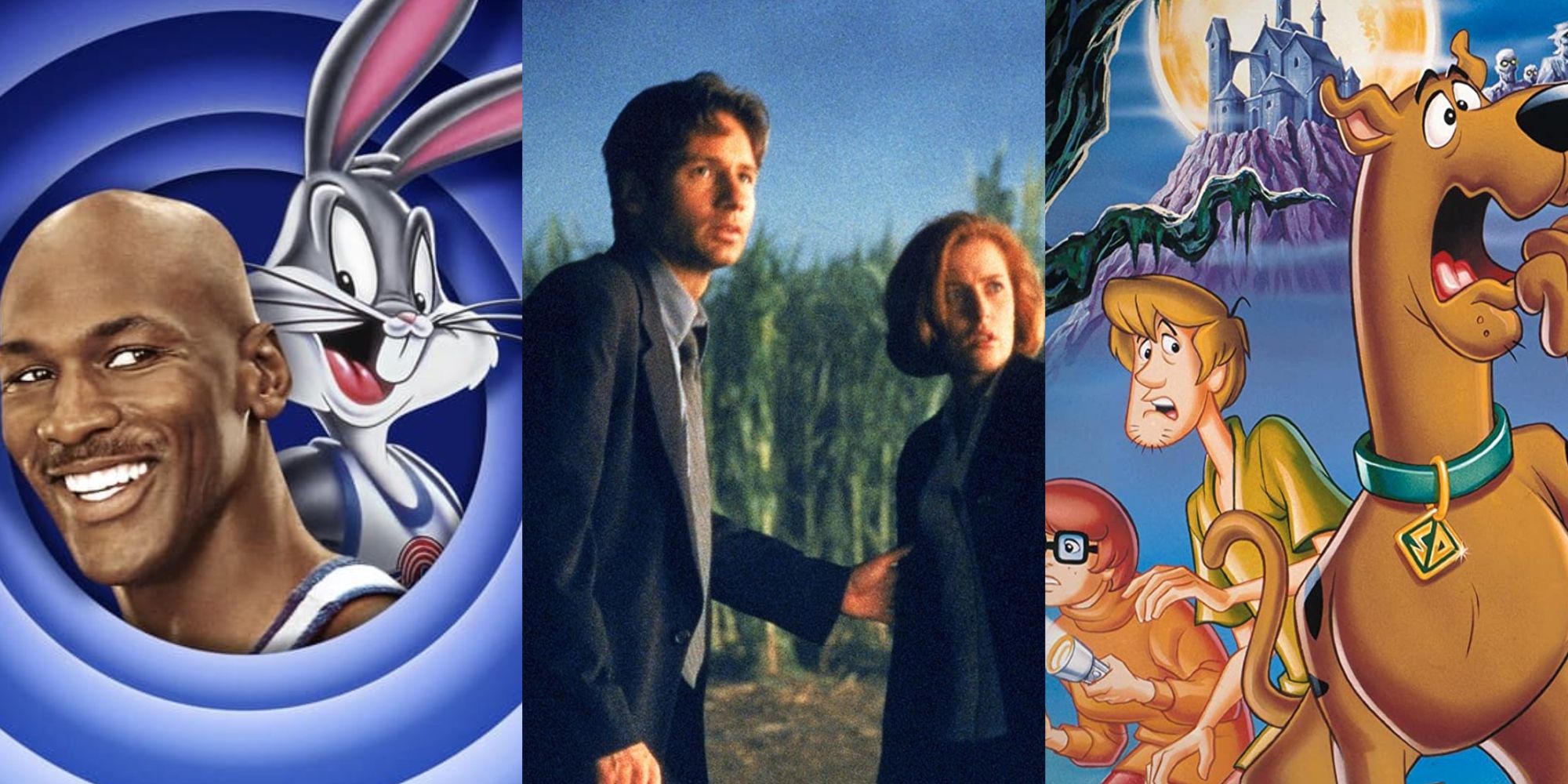 Split image Space Jam, Scully and Mulder, Scooby Doo