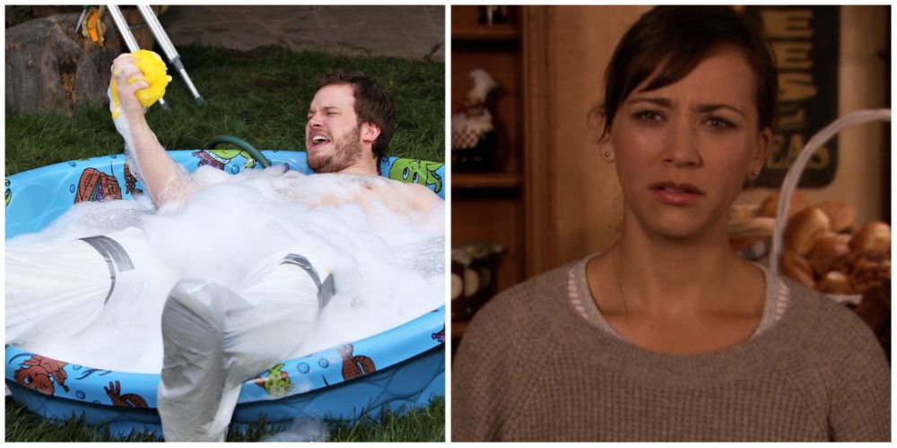 Split-image: Andy with casts in kiddie pool, Ann making face - Parks and Recreation