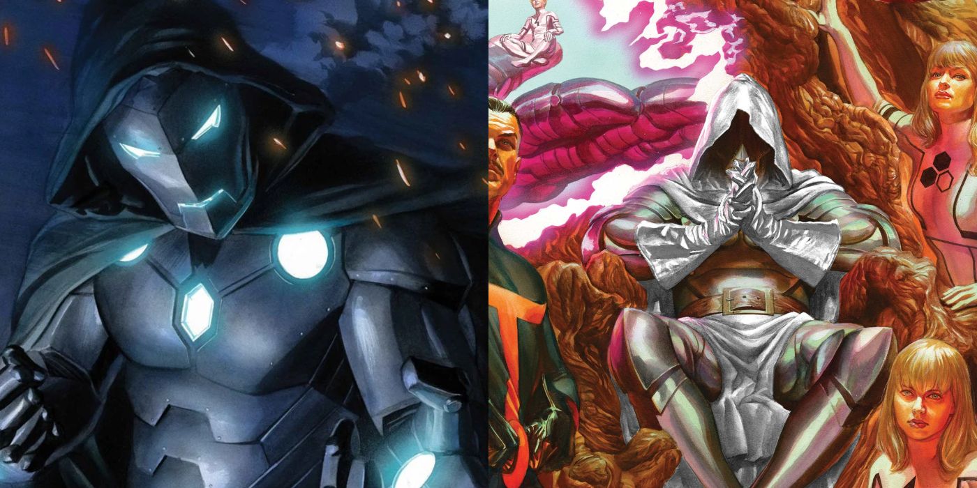 A split image of Marvel Comics' Doctor Doom as Infamous Iron Man and God Emperor Doom