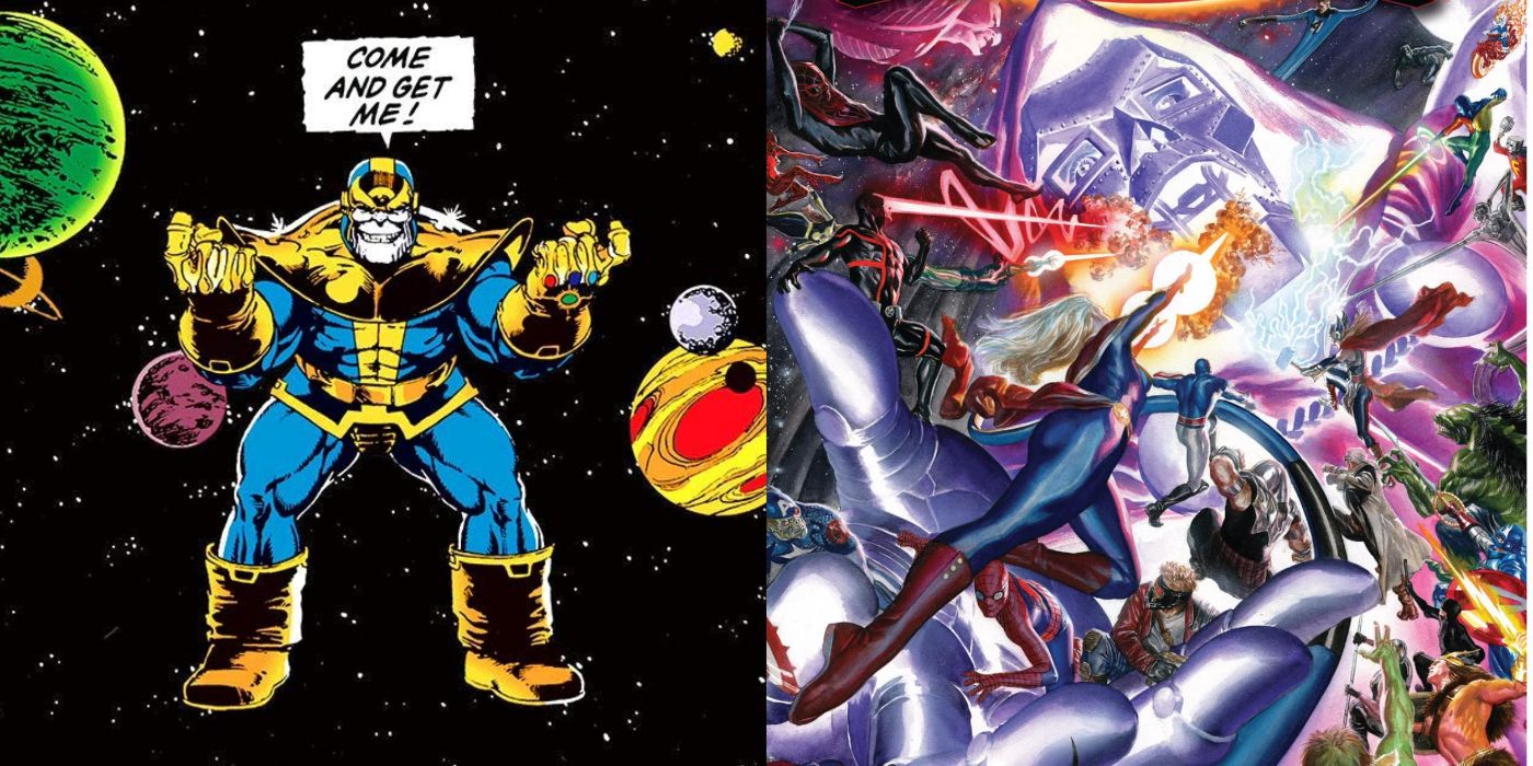 A split image of Thanos from Infinity Gauntlet and Doctor Doom from Secret Wars (2015)