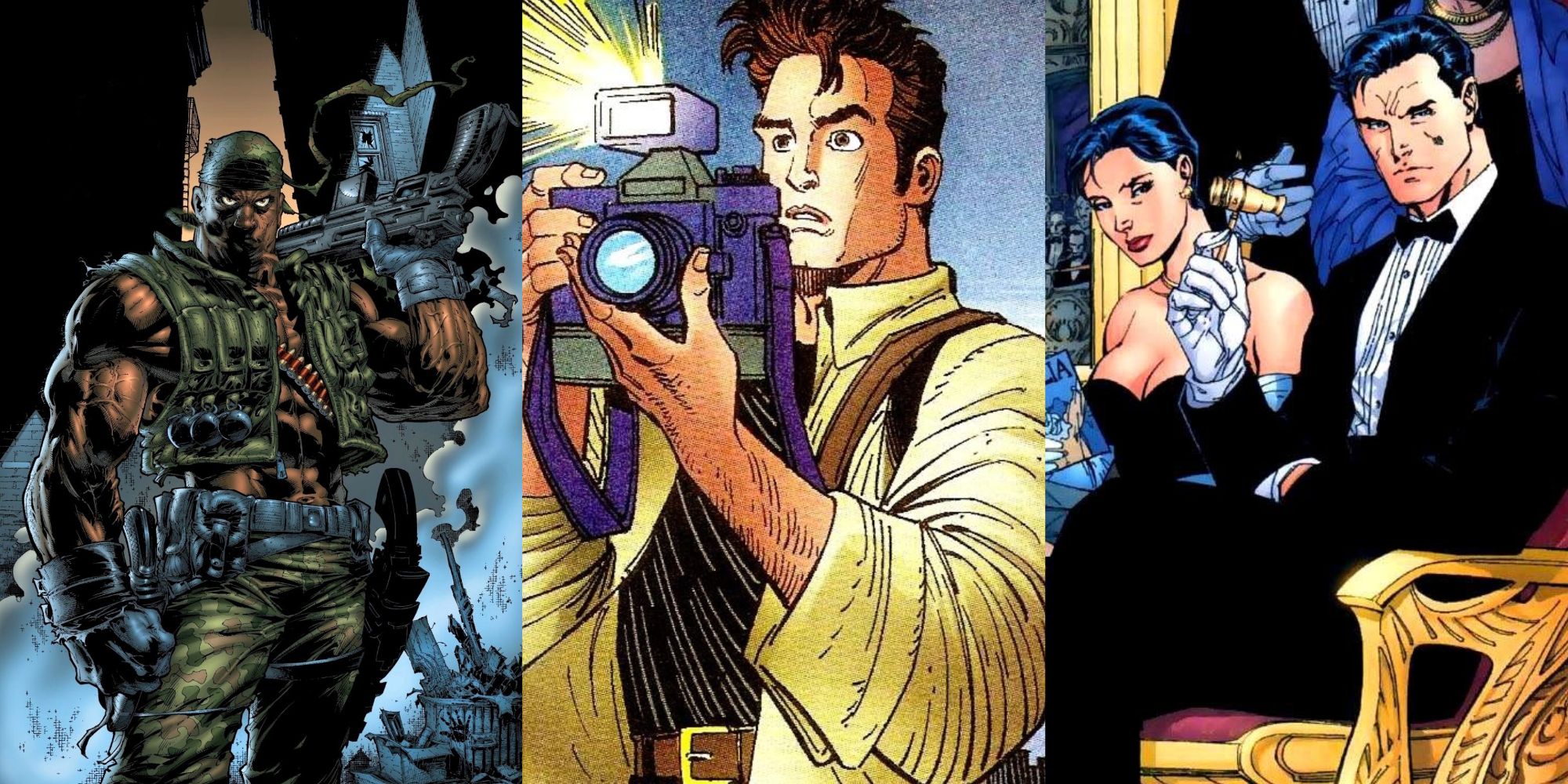 Split image Al Simmons with guns, Peter Parker taking a photo, and Bruce Wayne at an opera