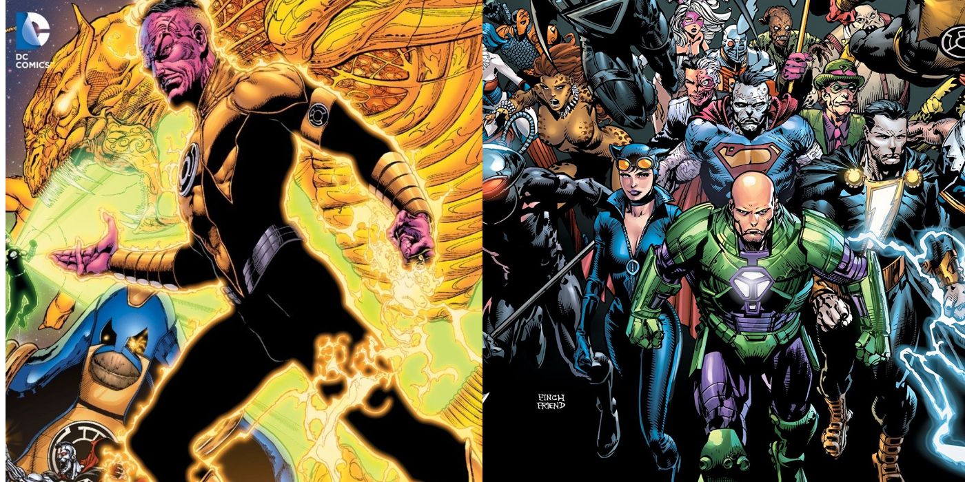 A split image of The Sinestro Corps War and Forever Crisis from DC Comics