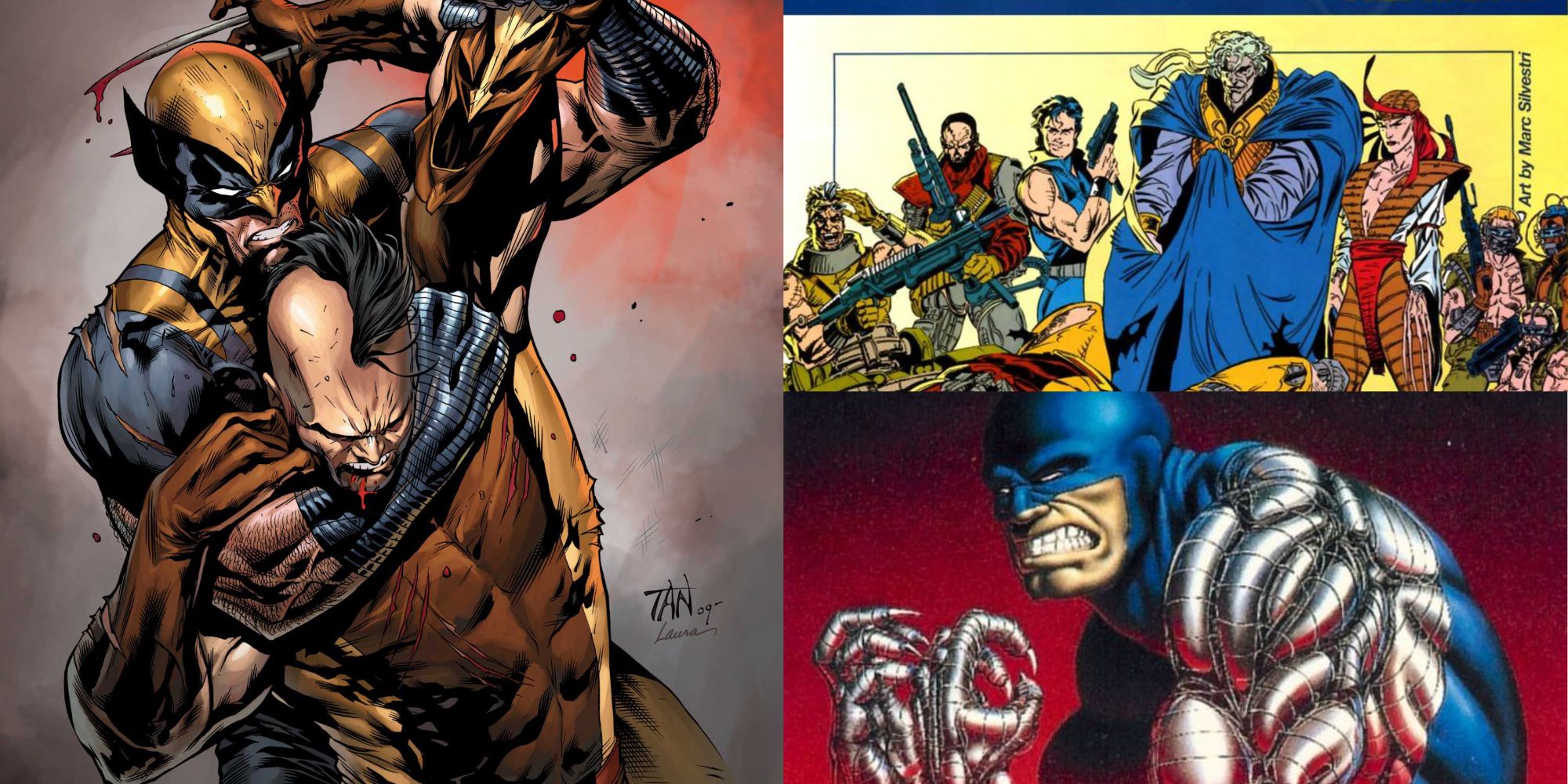 Clockwise from left: Wolverine grappling Daken, the Reavers, and Cyber