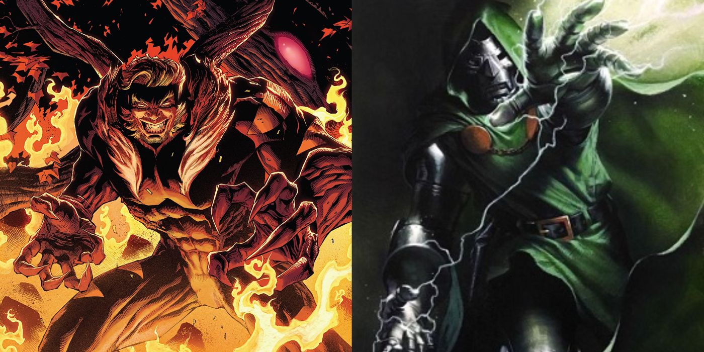 A split image of Sabretooth and Doctor Doom from Marvel Comics