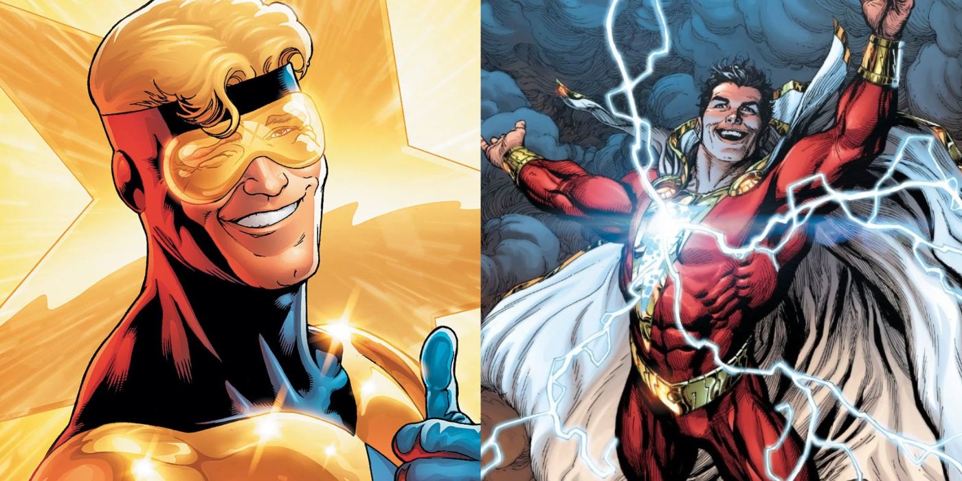 A split image of Booster Gold and Shazam