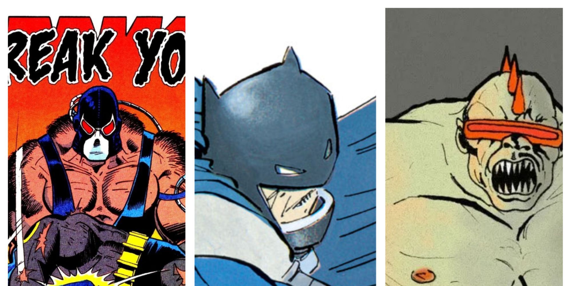 split image of Batman fighting Bane, Superman, and the Mutant Leader