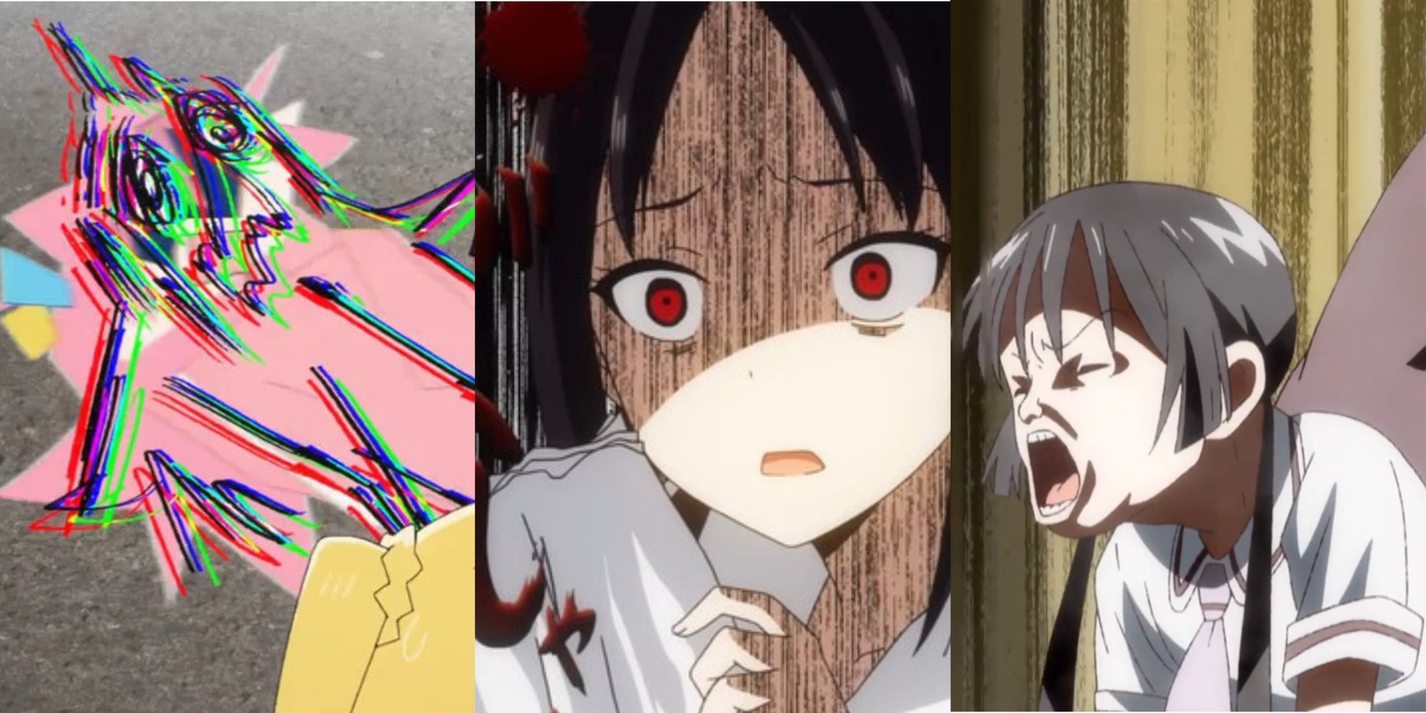 Bocchi from Bocchi the Rock is panicking, Kaguya from Love Is War is looking at Ishigami's grades, and Hanako from Asobi Asobase is getting spanked by her friend.