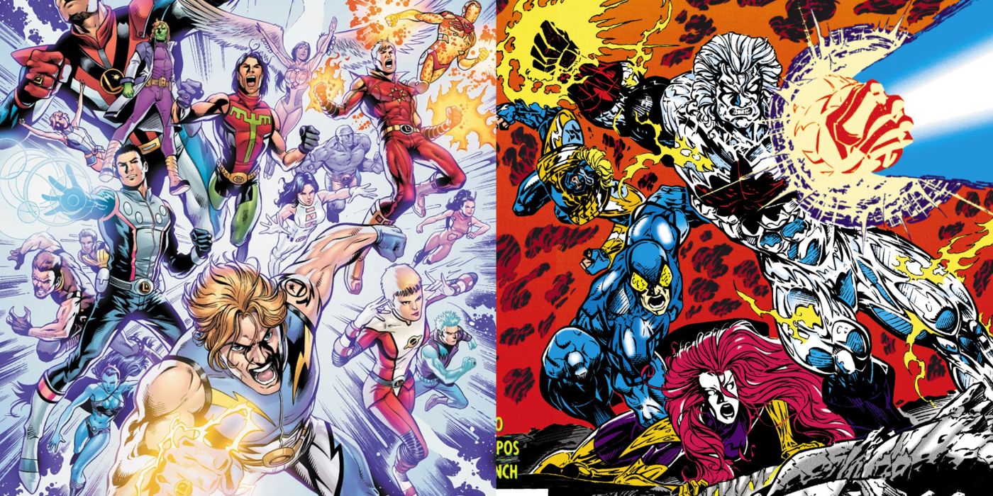 A split image of New 52's Legion Of Super-Heroes and Extreme Justice from DC Comics