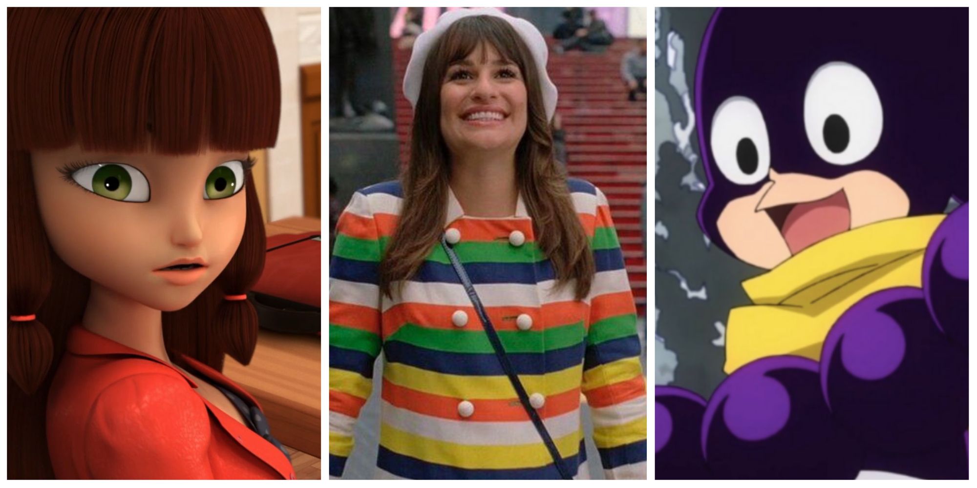 Split Image of Lila from Miraculous Ladybug, Rachel Berry from Glee, and Mineta from My Hero Academia