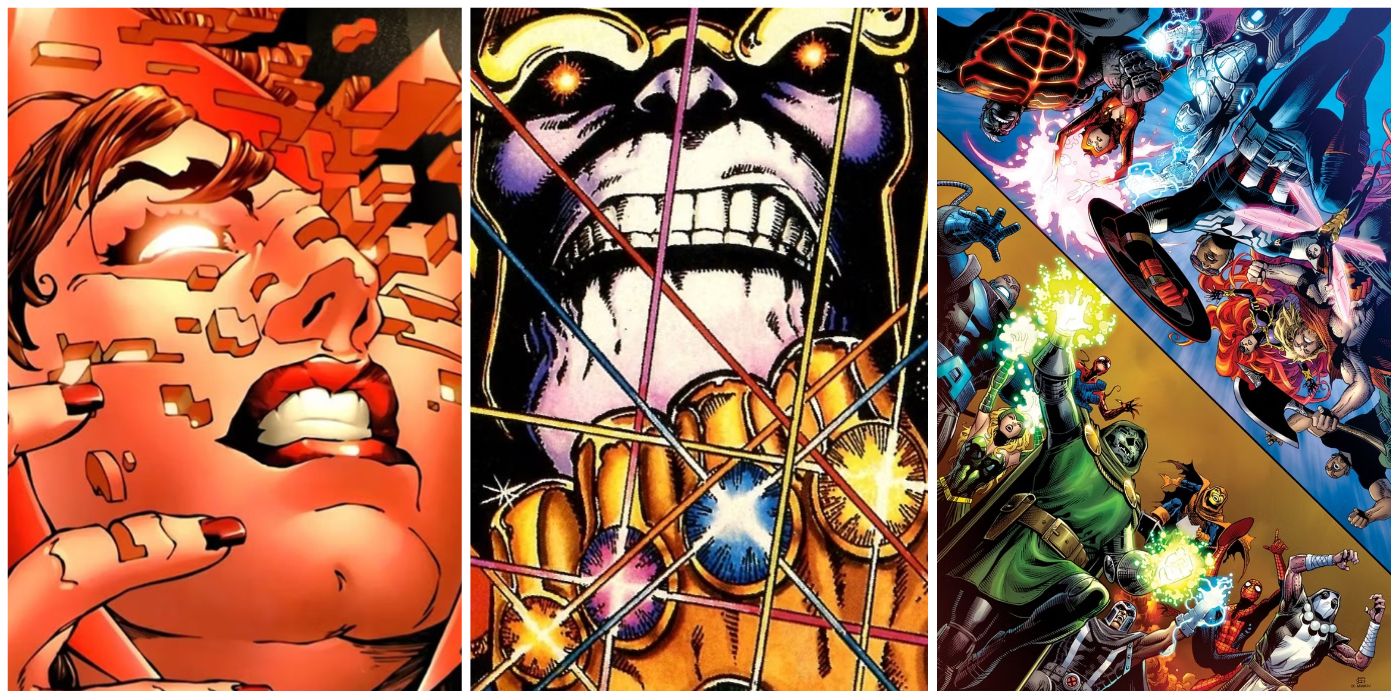 A split image of Scarlet Witch in Avengers Disassembled, Thanos, and heroes vs villains in Marvel Comics