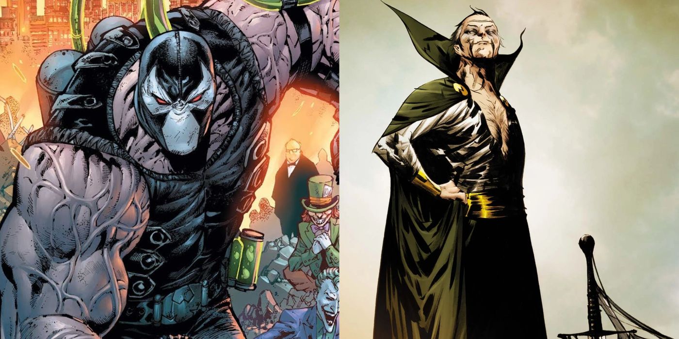 A split image of DC Comics' Bane and Ra's al Ghul