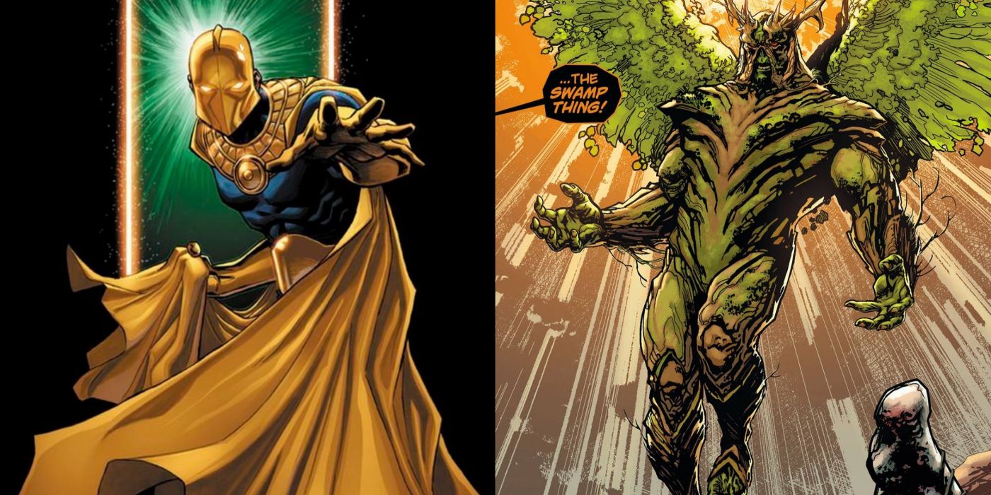 A split image of DC Comics' Dr Fate and Swamp Thing