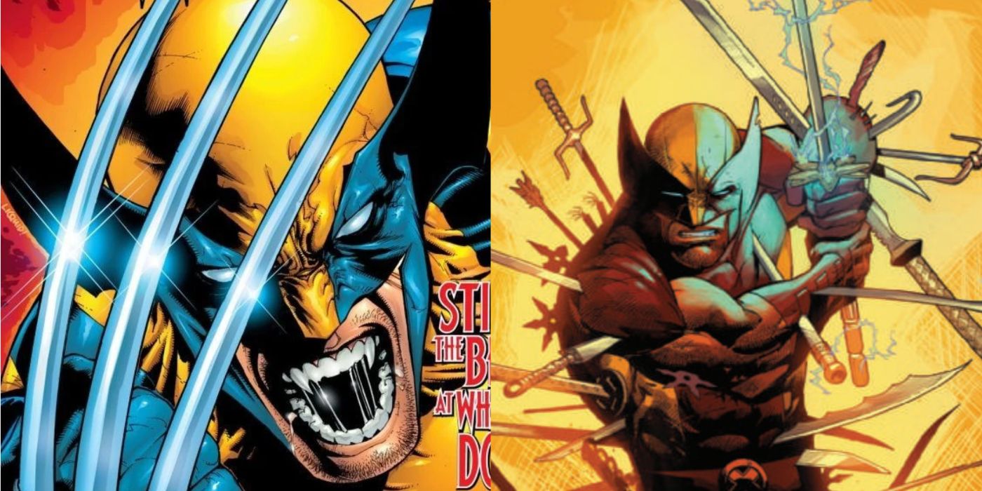 A split image of Wolverine brandishing his claws and Wolverine stabbed many times in Marvel Comics