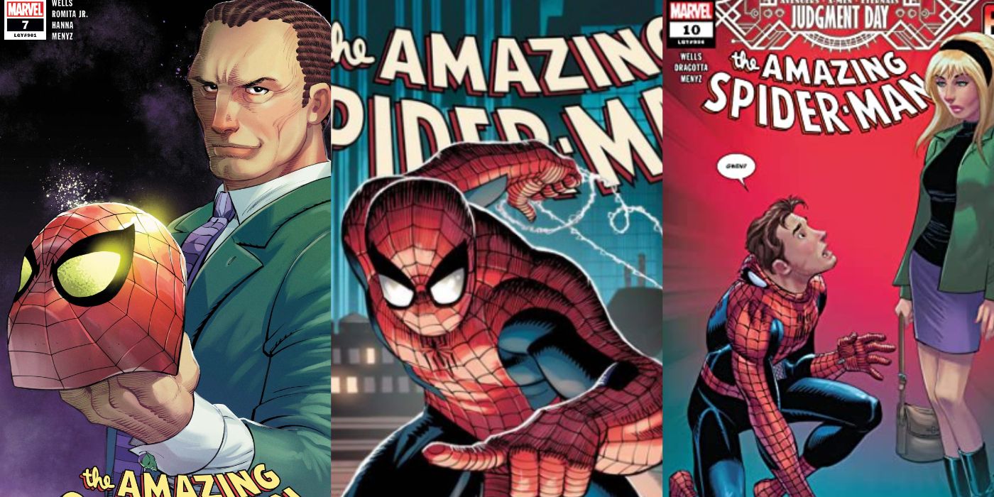 A split image of Amazing Spider-Man comic covers featuring Norman Osborn holding Spider-Man's helmet, Spider-Man webslinging, and the Return of Gwen Stacy