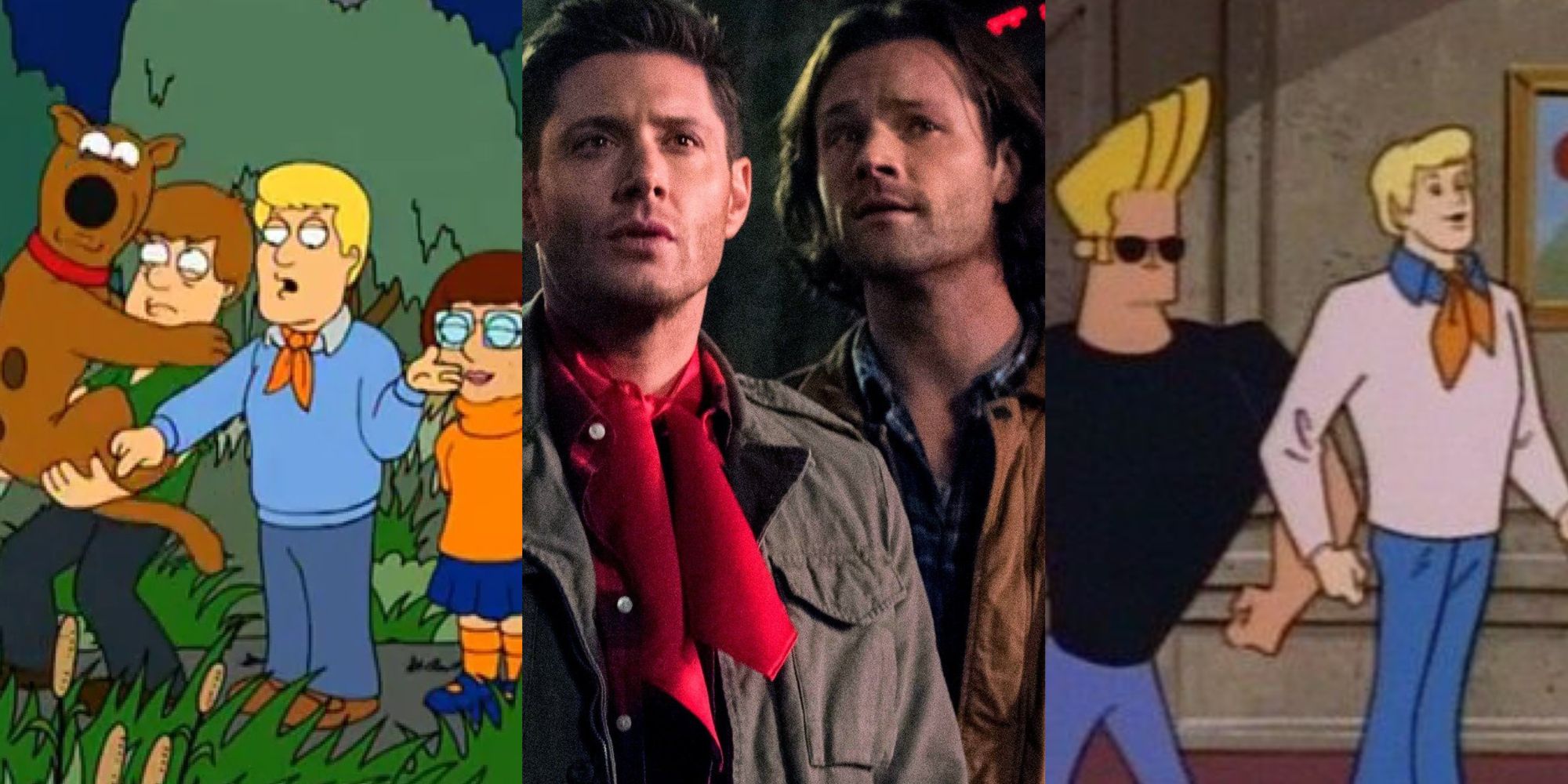 Split image Scooby gang in Family Guy, Sam and Dean Winchester, Fred Jones and Johnny Bravo