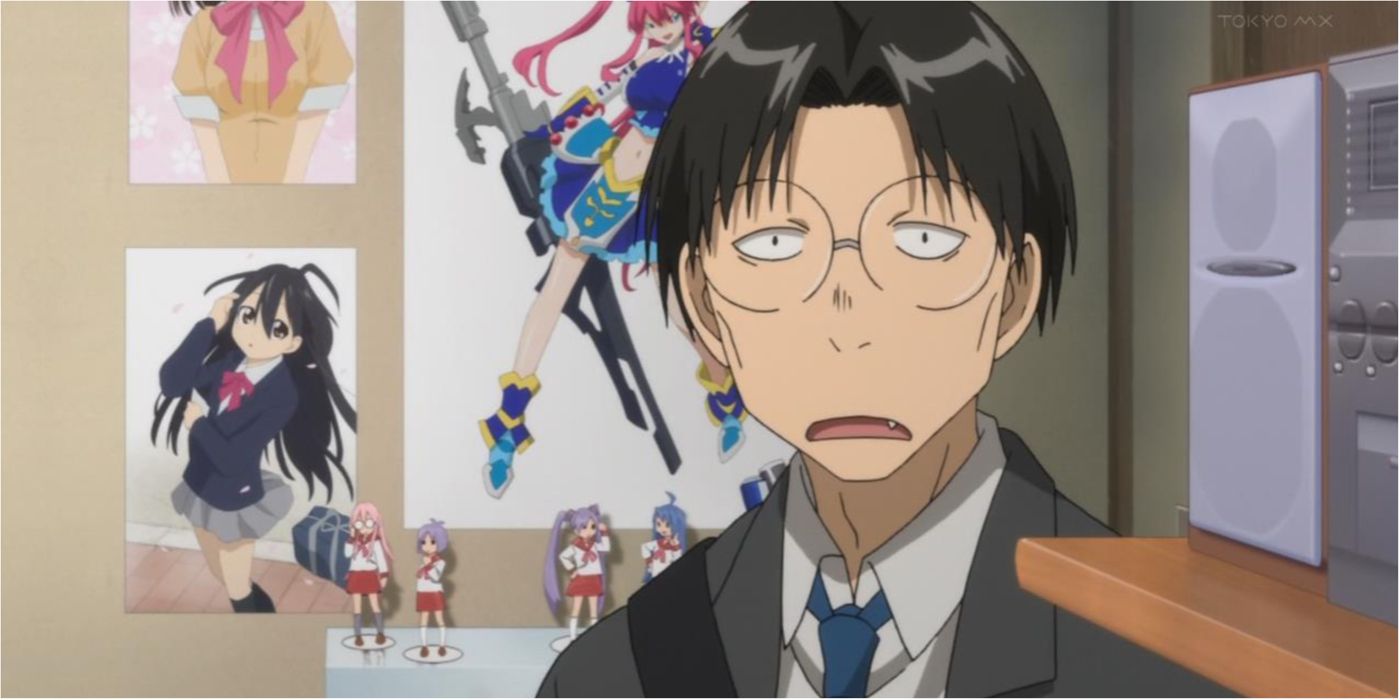 Madarame from the Genshiken anime against a background of anime posters