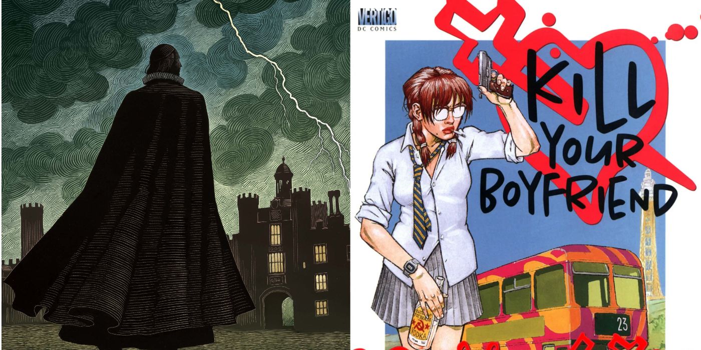 A split image of Marvel Comics' 1602 and DC/Vertigo's Kill Your Boyfriend