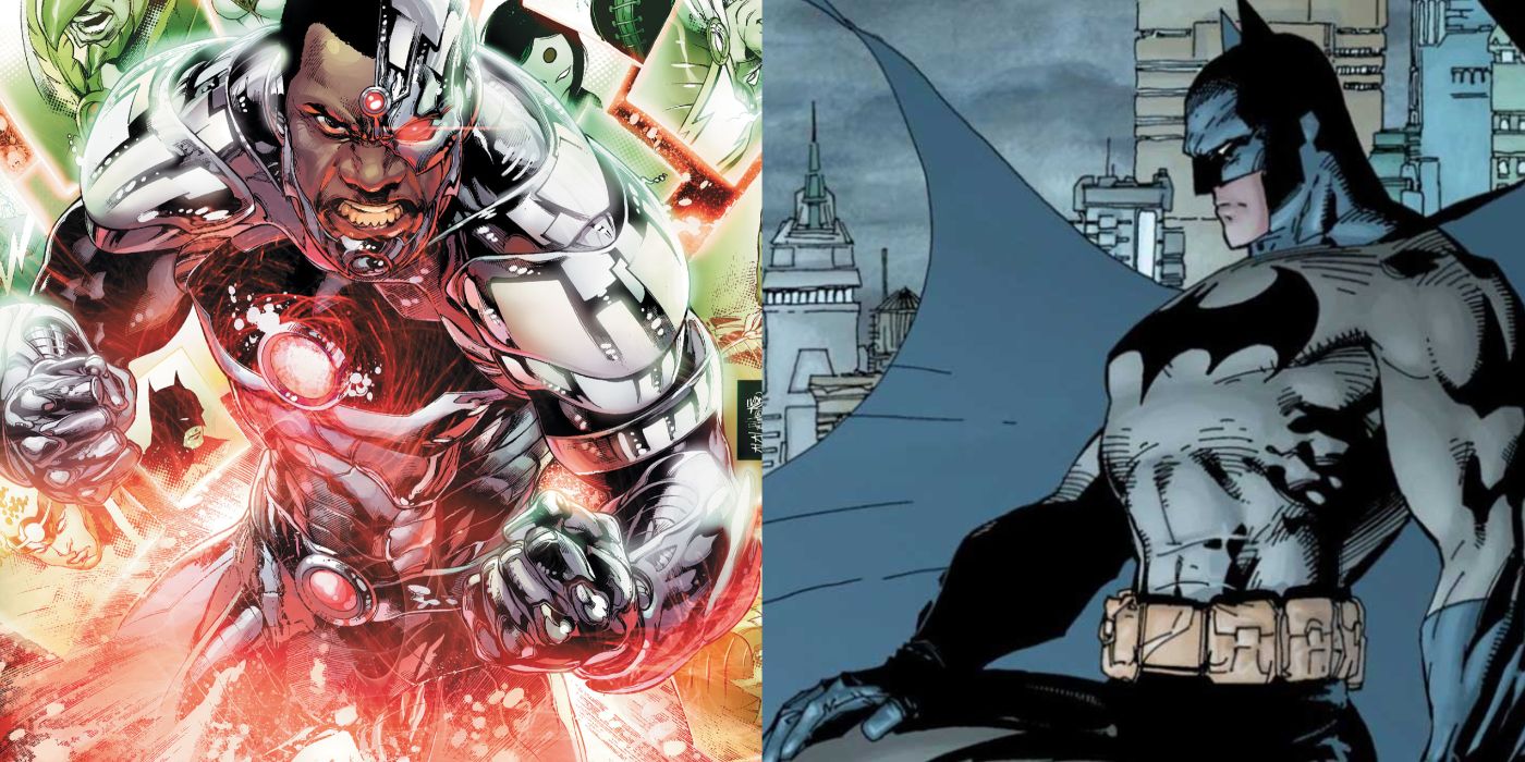A split image of Cyborg and Batman from DC Comics