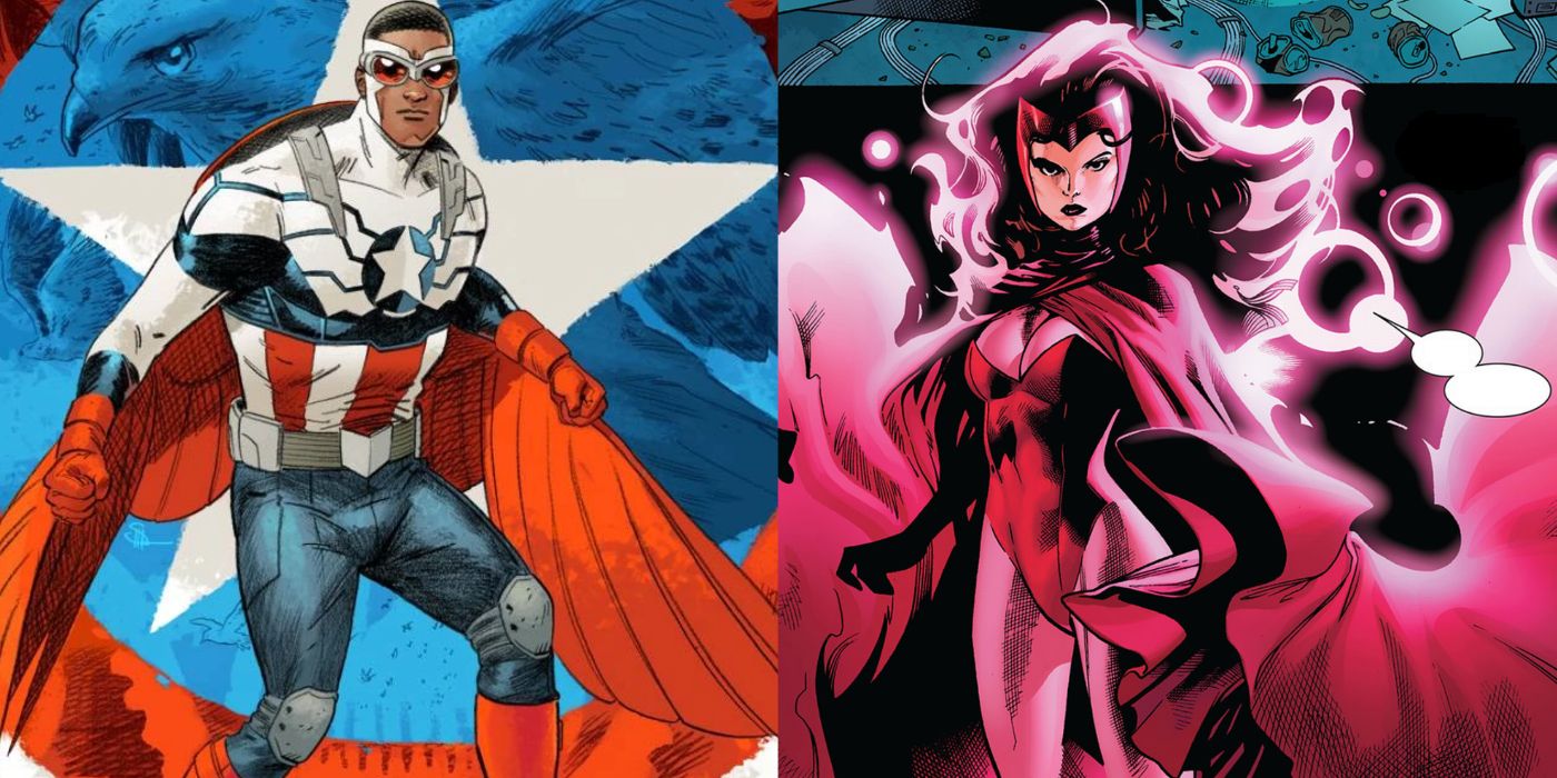 A split image of Marvel Comics Sam Wilson as Captain America and Scarlet Witch
