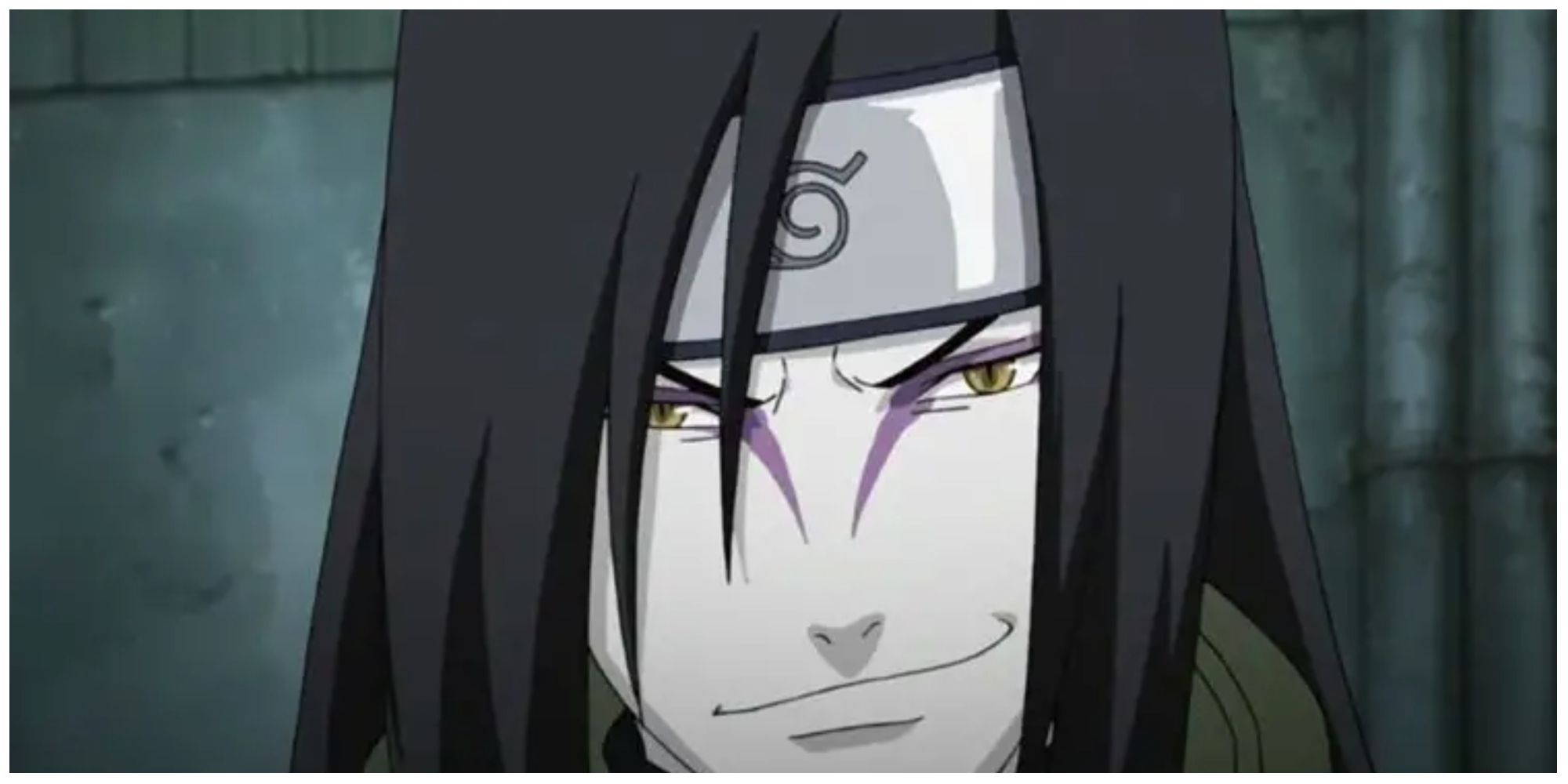 Orochimaru smiling as a Leaf Ninja in Naruto.