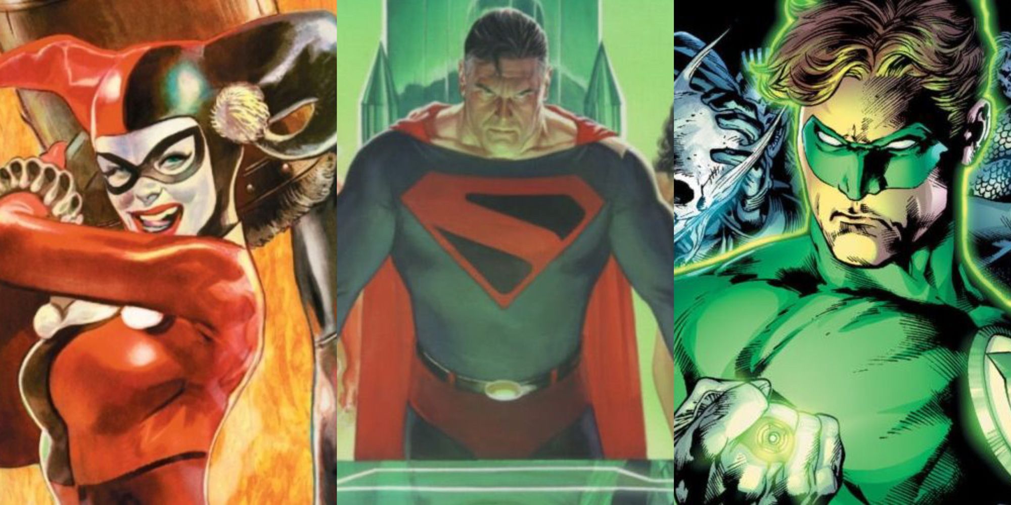 A split image of Convergence's Harley Quinn, Kingdom Come's Superman, and Blackest Night's Green Lantern