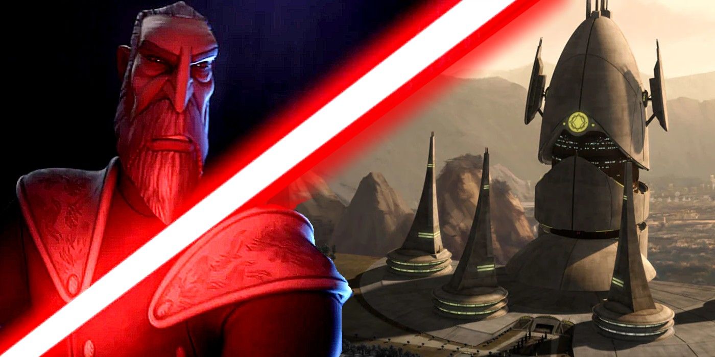 An image of Count Dooku combined with an image of his castle on Serenno