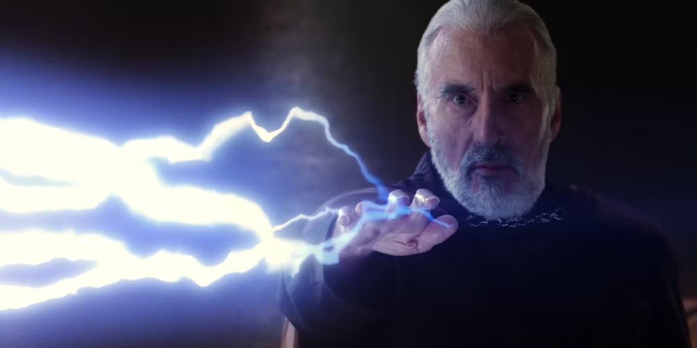 Conde Dooku liberando seu raio da Força em Star Wars: Ataque dos Clones