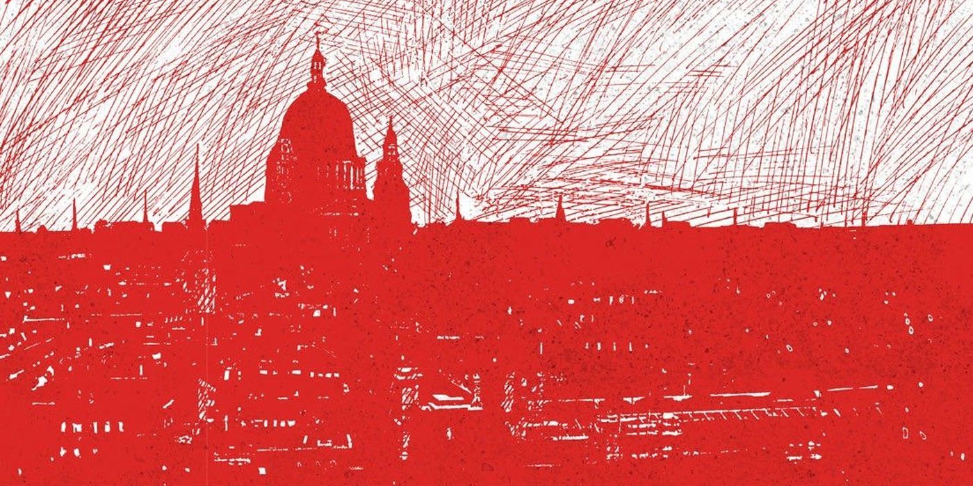 A red hellscape version of London in Alan Moore's From Hell comic