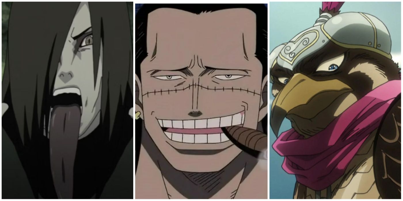 Crocodile from One Piece, Pet Shop from JoJo, Orochimaru from Naruto split image