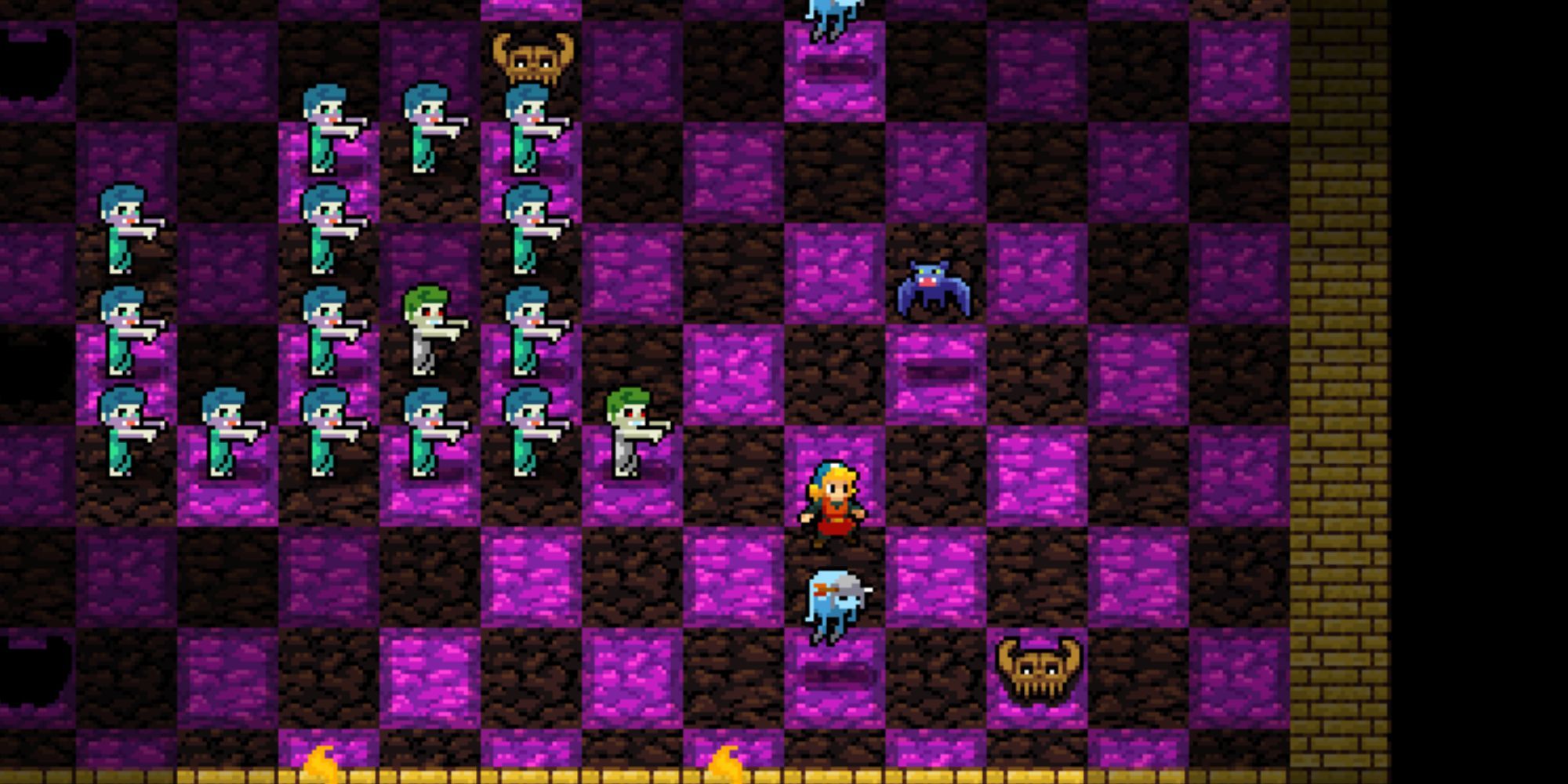 Cadence is pursued by zombies in a dungeon in Crypt of the NecroDancer.