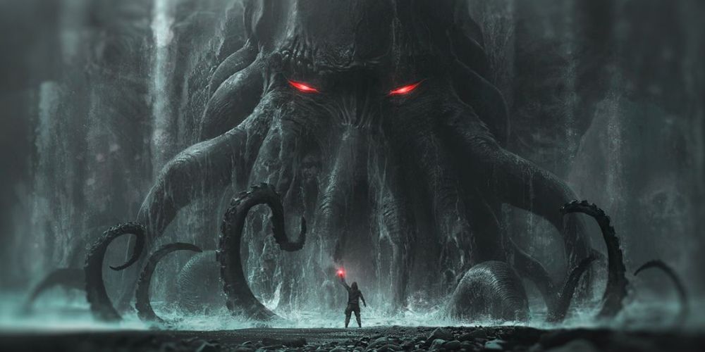 Cthulhu looming in front of an investigator in Call of Cthulhu RPG