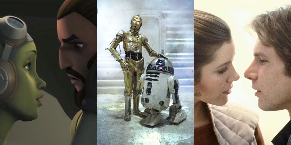 3-image Star Wars collage with Kanan/Hera, C-3PO/R2-D2, and Han/Leia