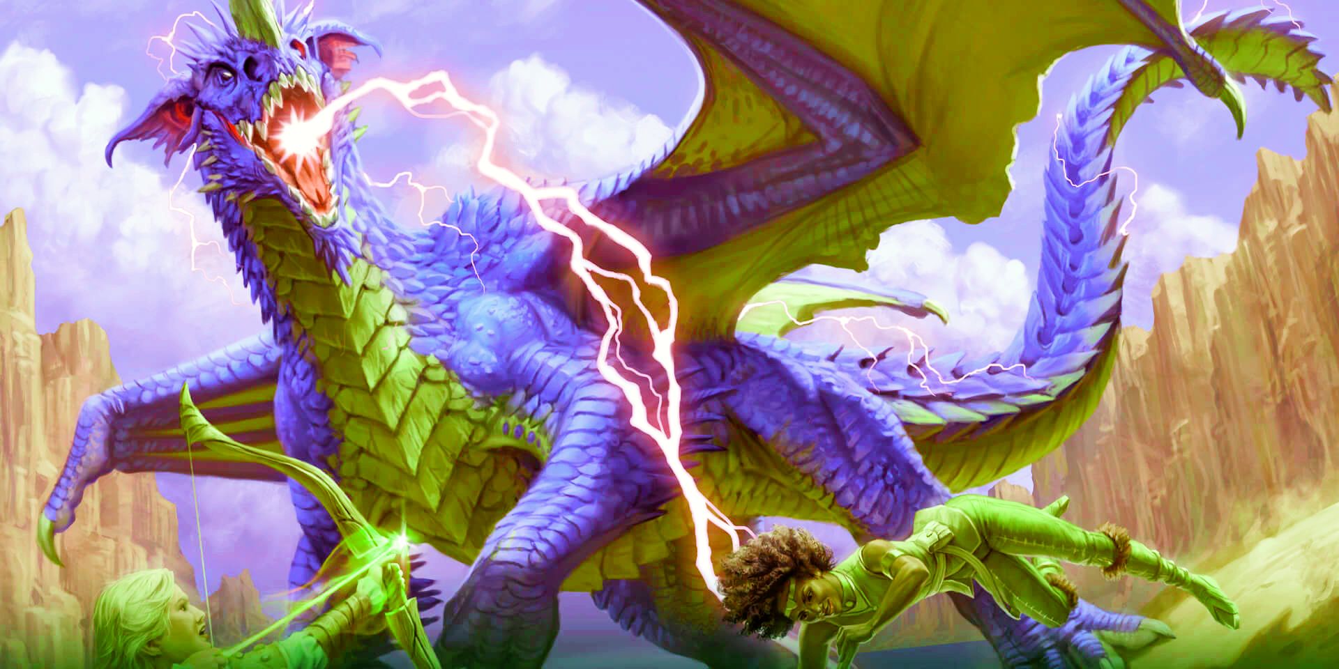 D&D - Um dragão roxo e verde sopra cargas elétricas em um casal de guerreiros
