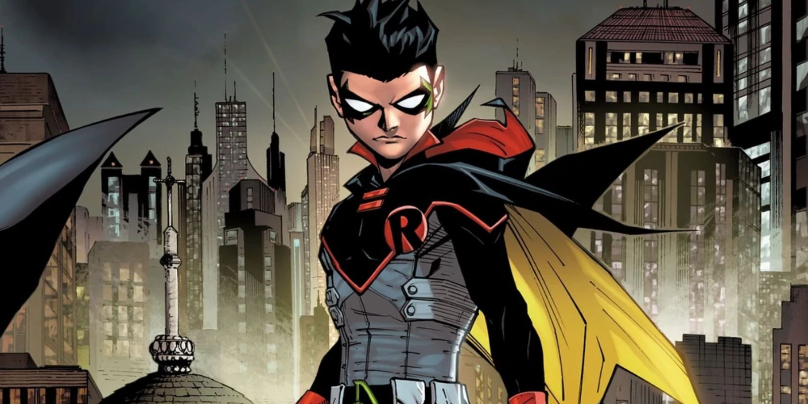 Les gratte-ciel de Gotham City se profilent derrière Robin de Damian Wayne dans une illustration de Batman