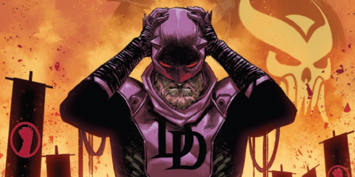 Daredevil dons his mask in front of Hand banners in Marvel Comics