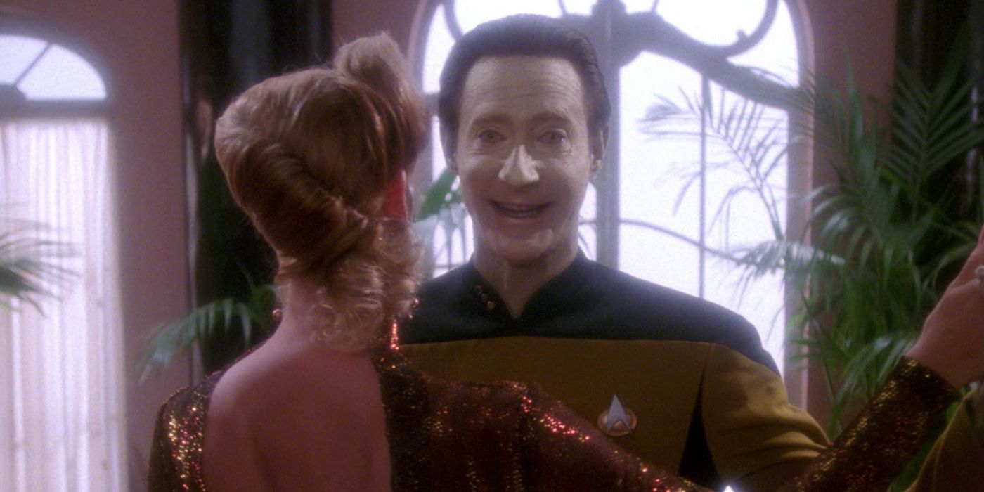 Brent Spiner smiles as he dances in the episode "Datas Day" on Star Trek: The Next Generation.