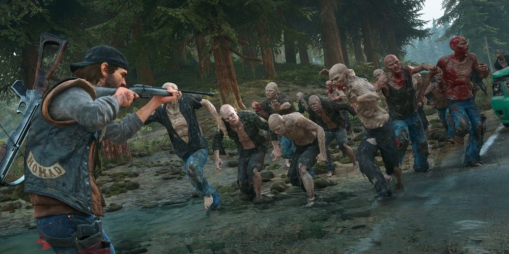 A man shoots at a zombie swarm in the video game Days Gone.